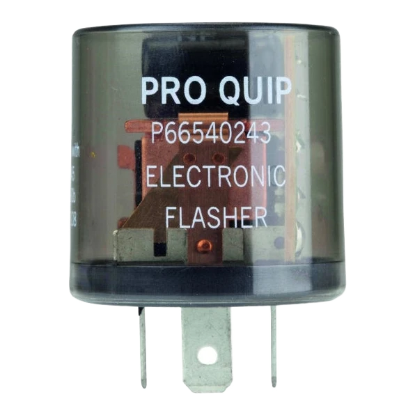 24V 3 pin flasher relay with DIN 72552 pin layout and 6.3mm blade terminals, front angle on transparent background