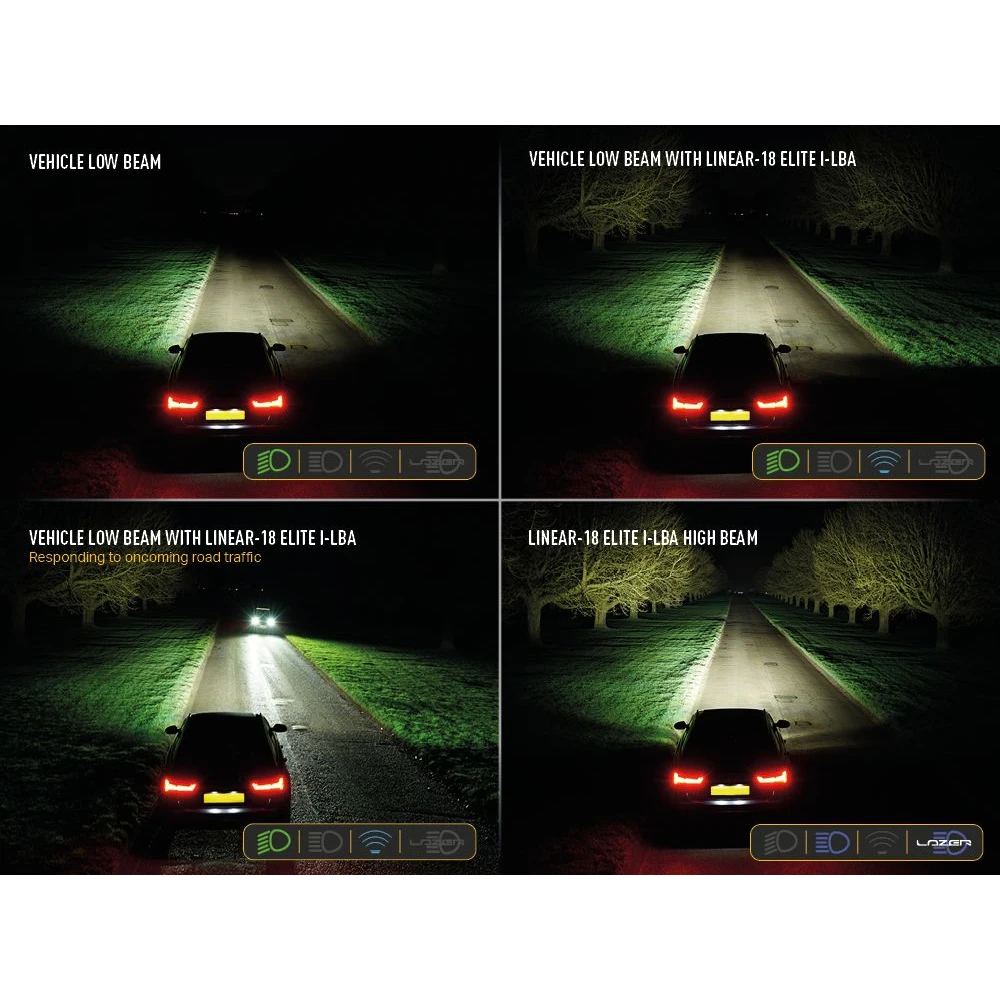 Comparison of vehicle headlights on a dark road with different light settings.