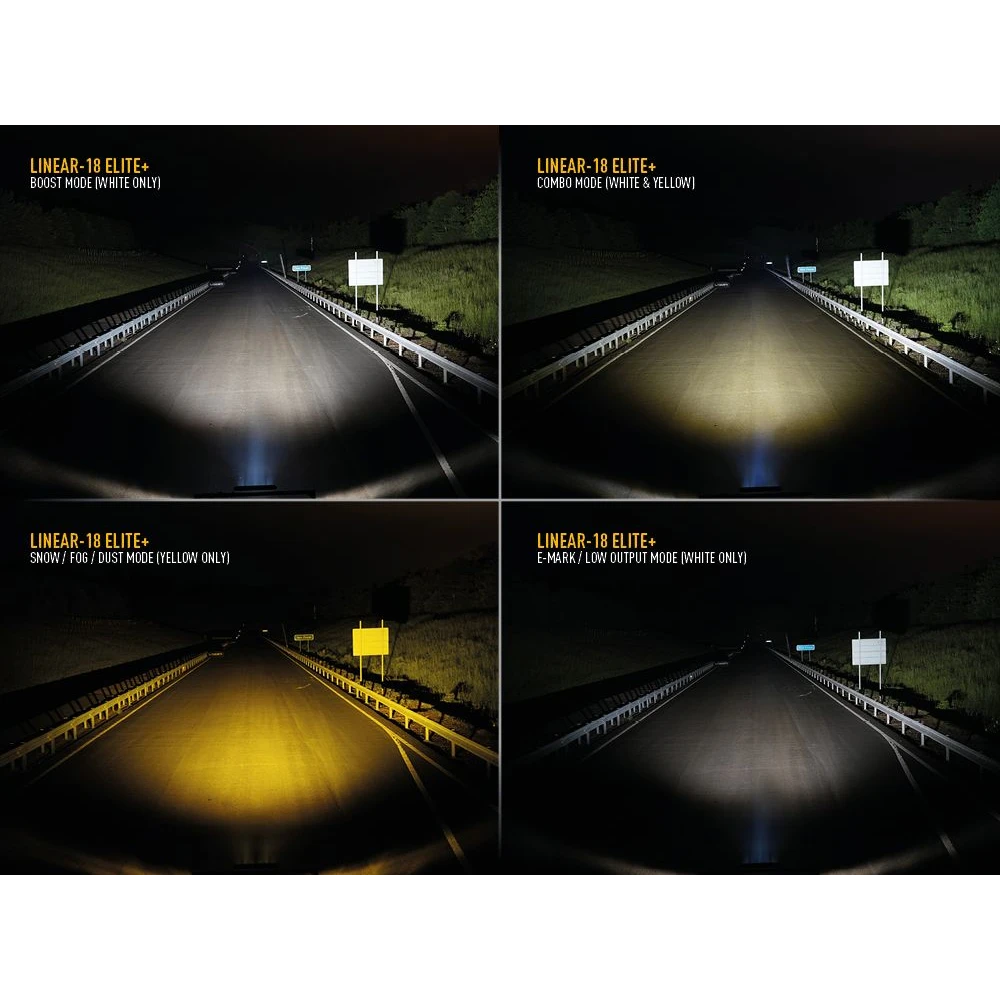 Four different views of a road illuminated by a vehicle's headlights in various modes.