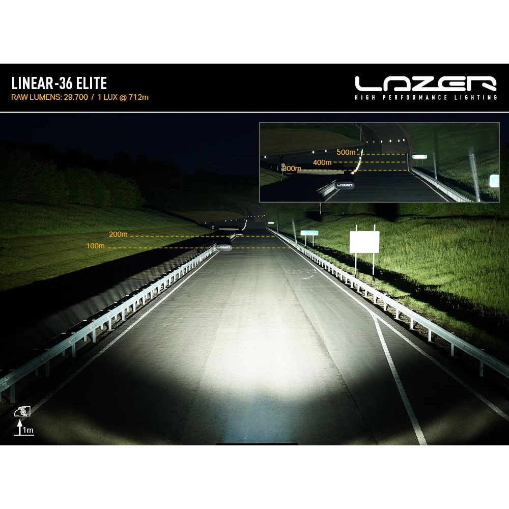 Highway at night with illuminated road and Lazer lighting system branding.