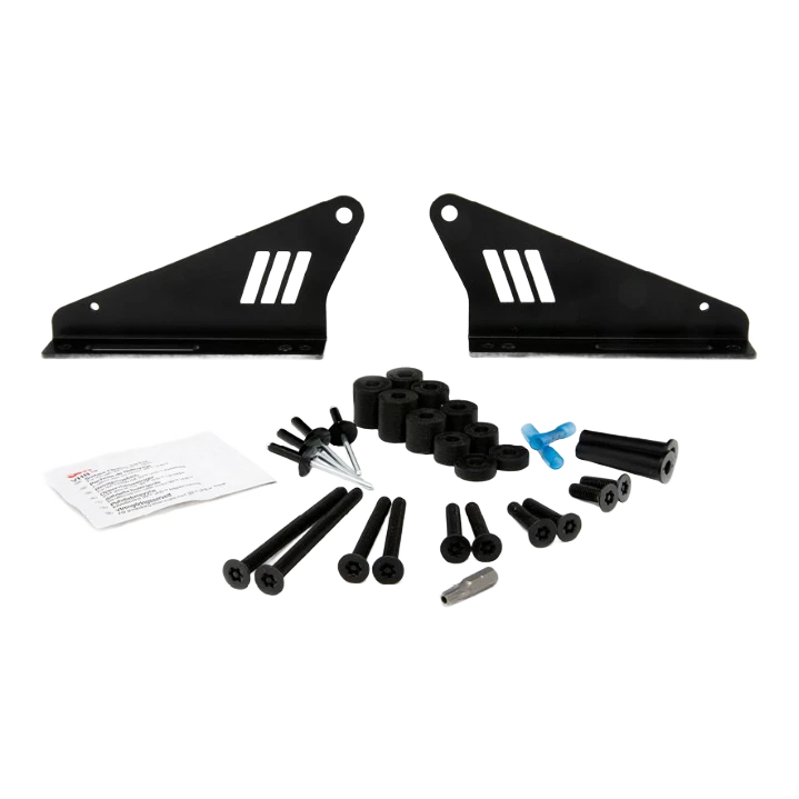 Set of black metal brackets and screws on a white background