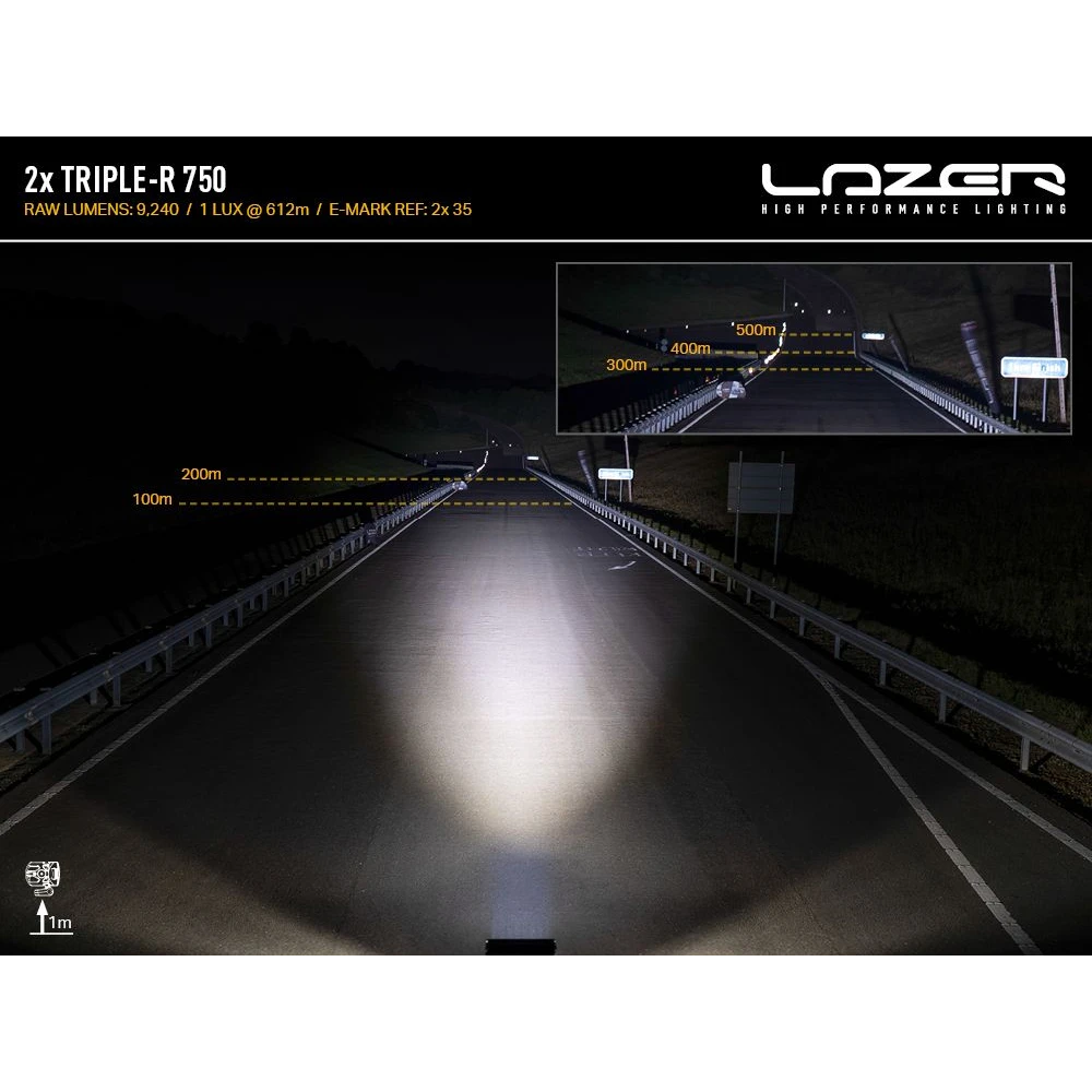 Lazer high-performance lighting system demonstration on a dark road with illuminated headlights.