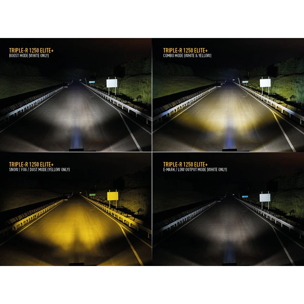 Comparison of different Triple-R 1250 Elite+ headlights on a dark road.