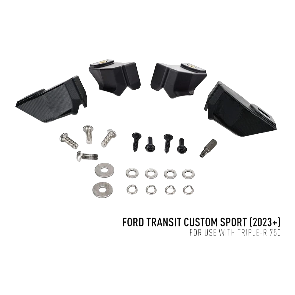 Ford Transit Custom Sport (2024+) Grille Kit – black car body kit with screws and washers on a white background, labeled for Ford Transit Custom Sport.