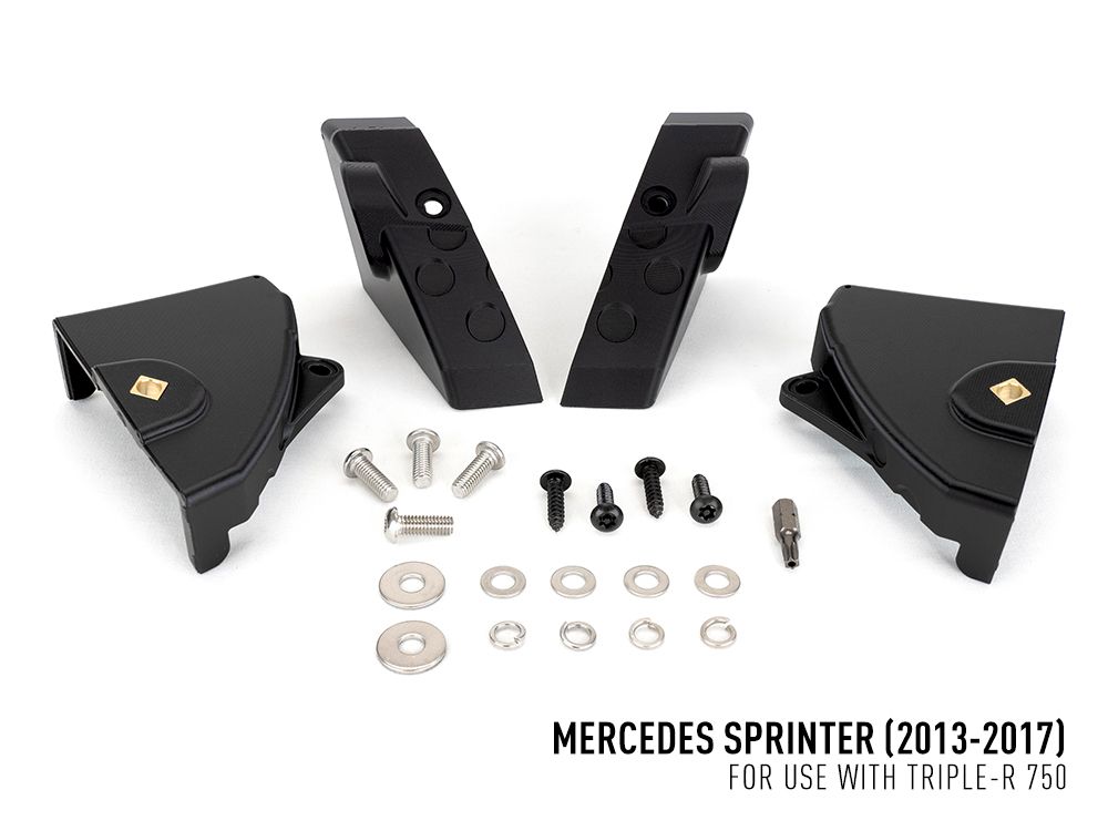 Black mechanical components and hardware for Mercedes Sprinter vehicles on a white background
