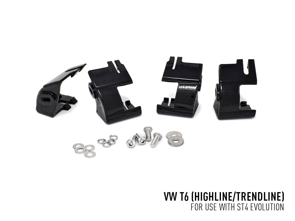 Set of black mechanical components with screws on a white background