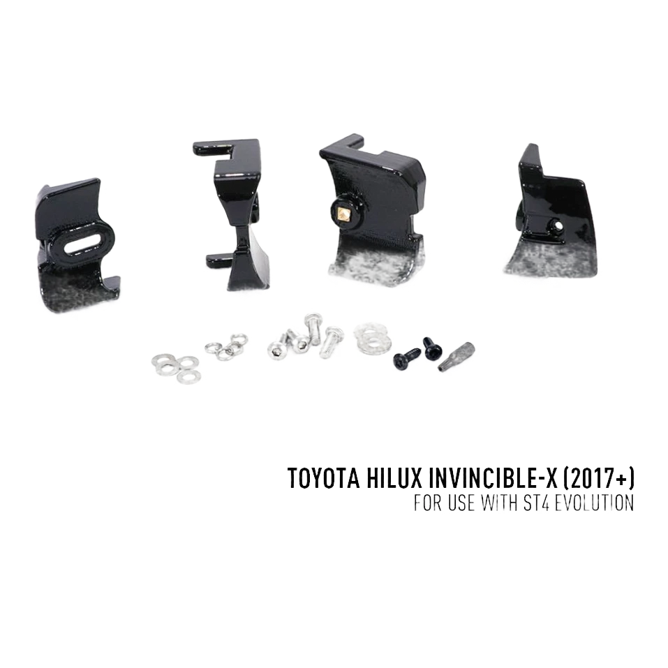 Lazer Lamps Grille Kit for Toyota Hilux Invincible-X (2017-2020) – set of black metal brackets and screws for Toyota Hilux Invincible-X on a white background