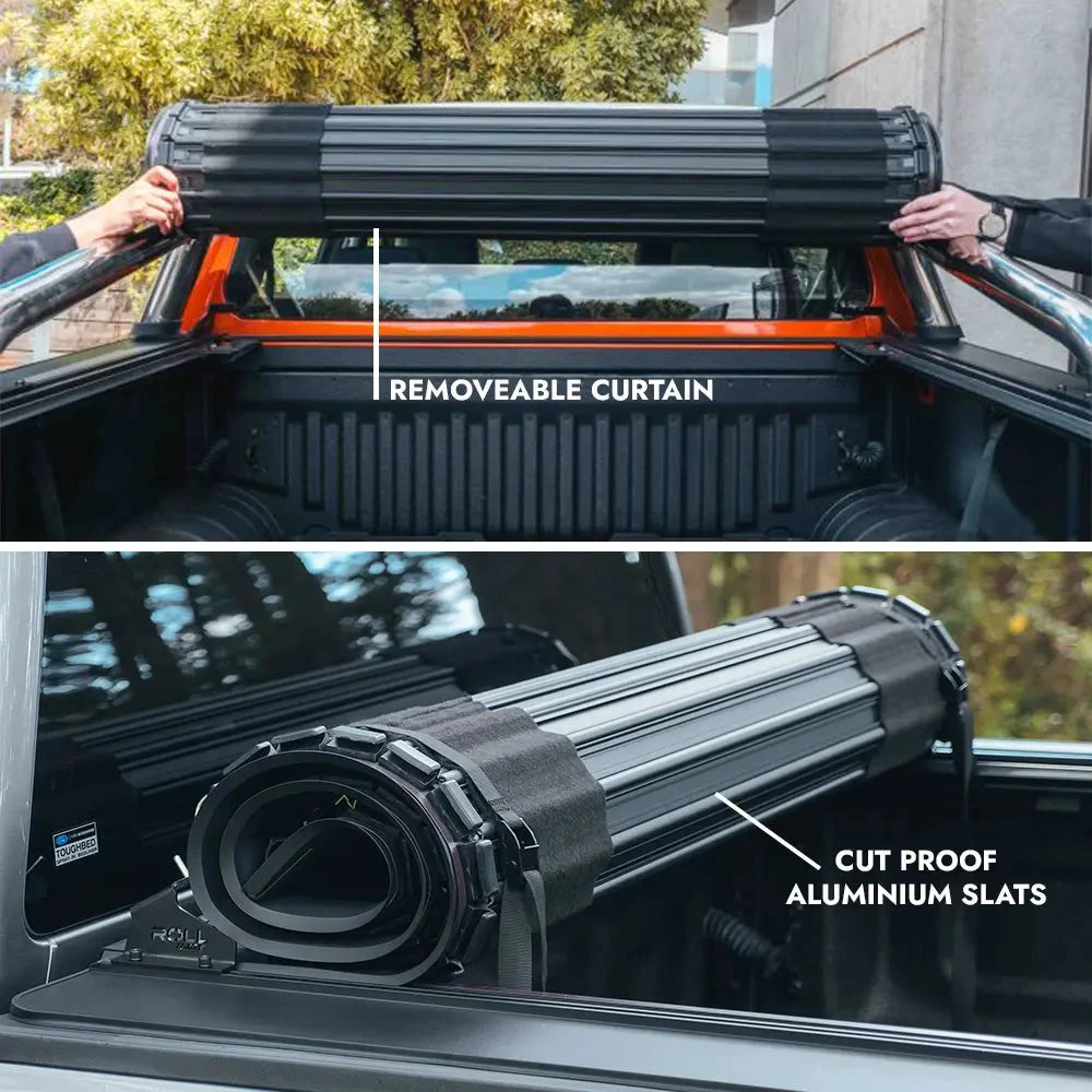 Roll-up cover with cut-proof slats and removeable curtain in a vehicle.
