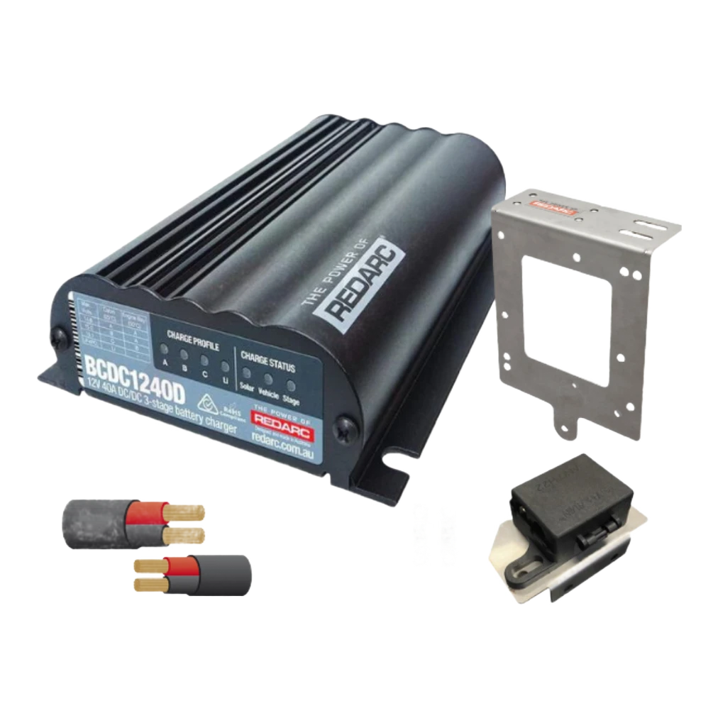 Install kit for Redarc BCDC Classic40 BCDC1240D 40A DC-DC charger with vehicle-specific mounting bracket, dual-MIDI fuse holder, two MIDI fuses and Elevate fuse-holder bracket, Australian-made