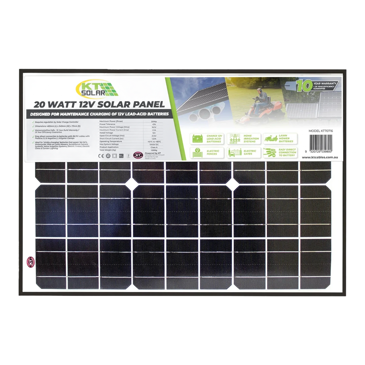 20 Watt, 12V Single Cell Monocrystalline Solar Panel
