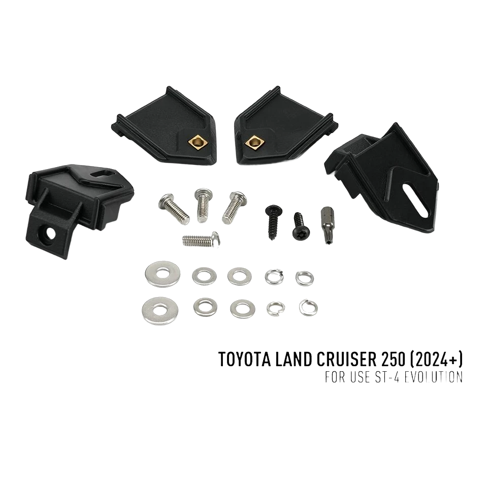 Lazer Lamps Grille Kit suitable for Toyota Land Cruiser 250 (2024+) ST4 Evolution – set of black mechanical components and screws on a white background with Toyota Land Cruiser 250 text.