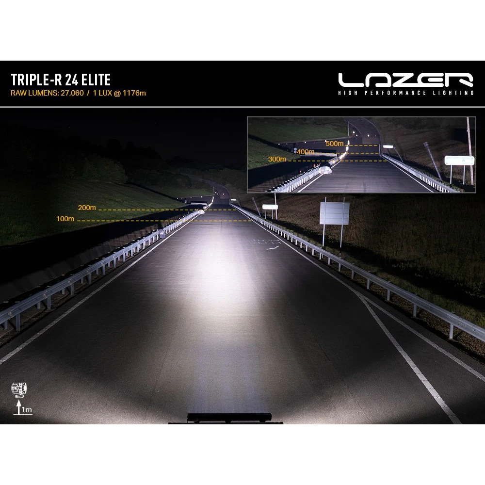 High-performance lighting system on a road with Lazer branding.