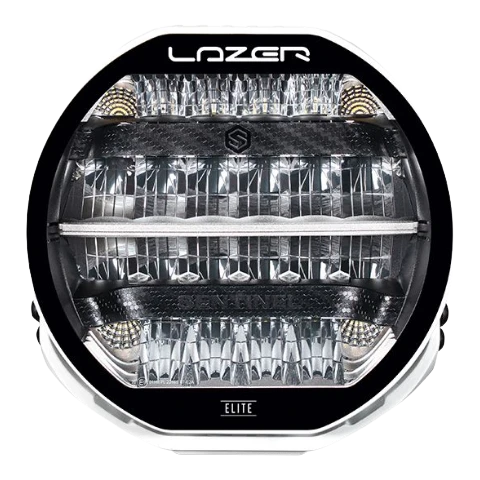 A black 7-inch Lazerlamps Sentinel LED driving light with a clear polycarbonate lens, designed for vehicles or tight mounting setups, featuring advanced LED technology.