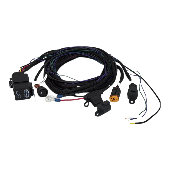 An assortment of Lazerlamps wiring kits including various connectors, cables, a relay, and fuses.