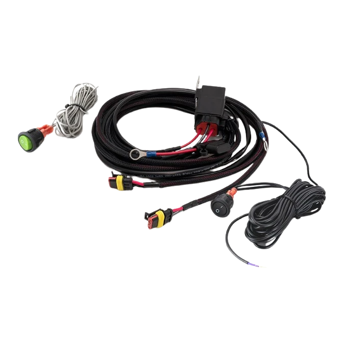 An assortment of Lazerlamps wiring kits including various connectors, cables, a relay, and fuses.