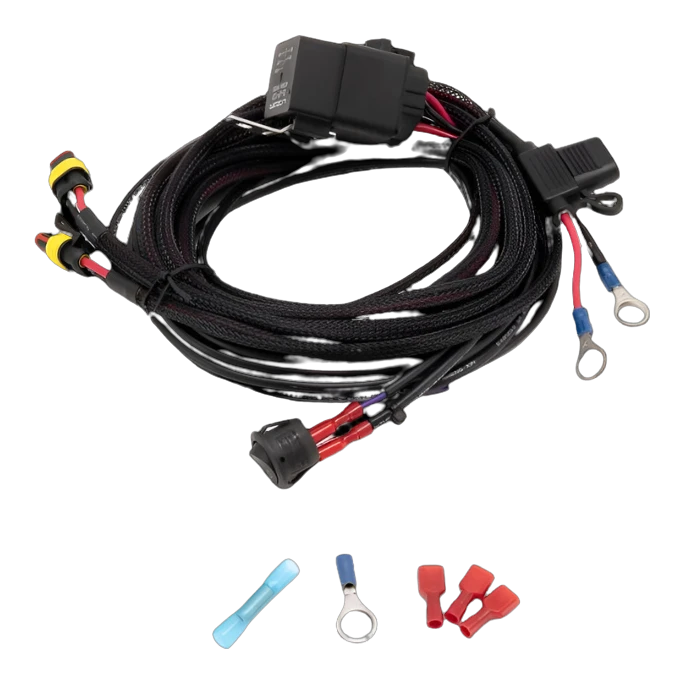 Wiring harness with connectors and insulation sleeves on a white background