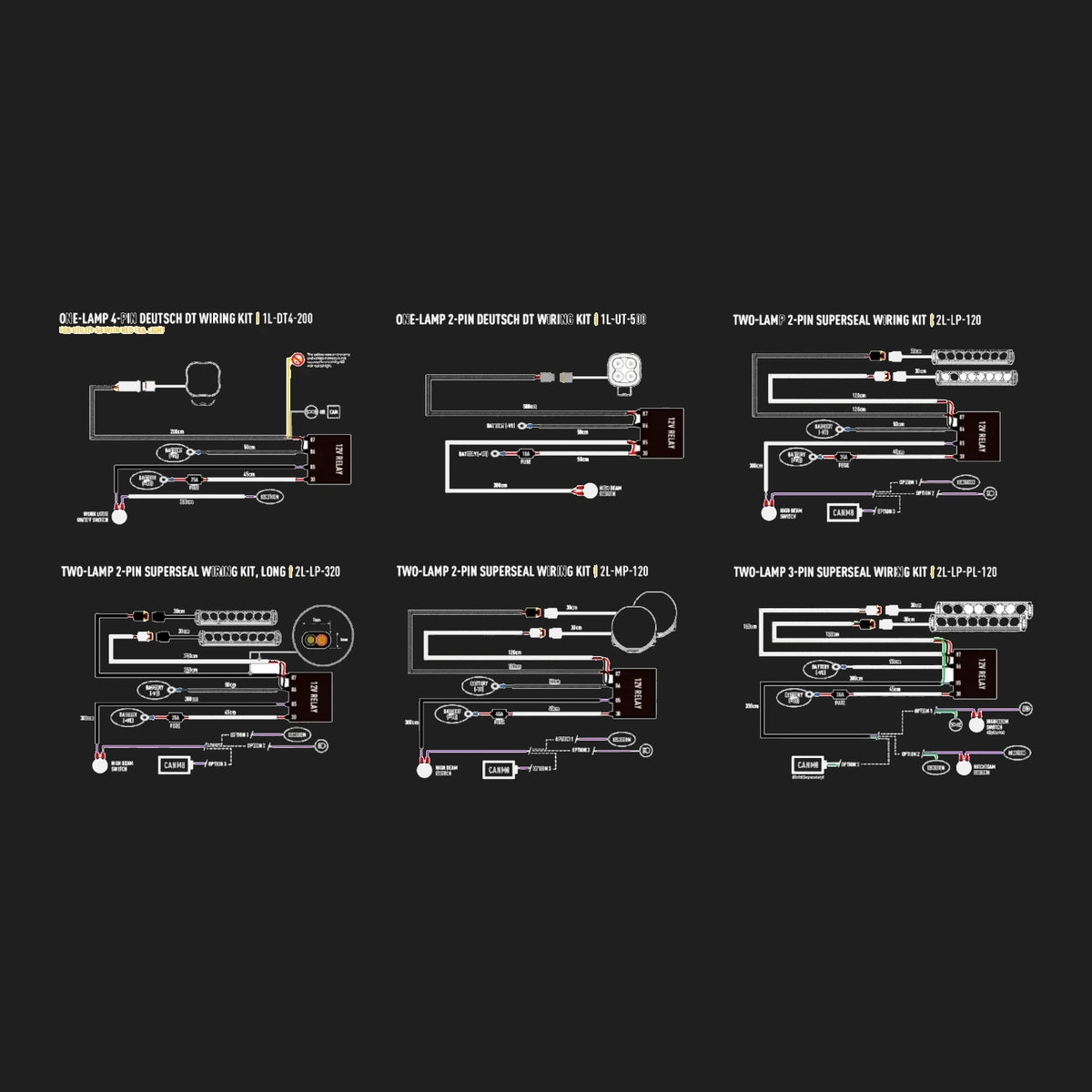 Wiring kit diagrams for automotive or electronic applications.