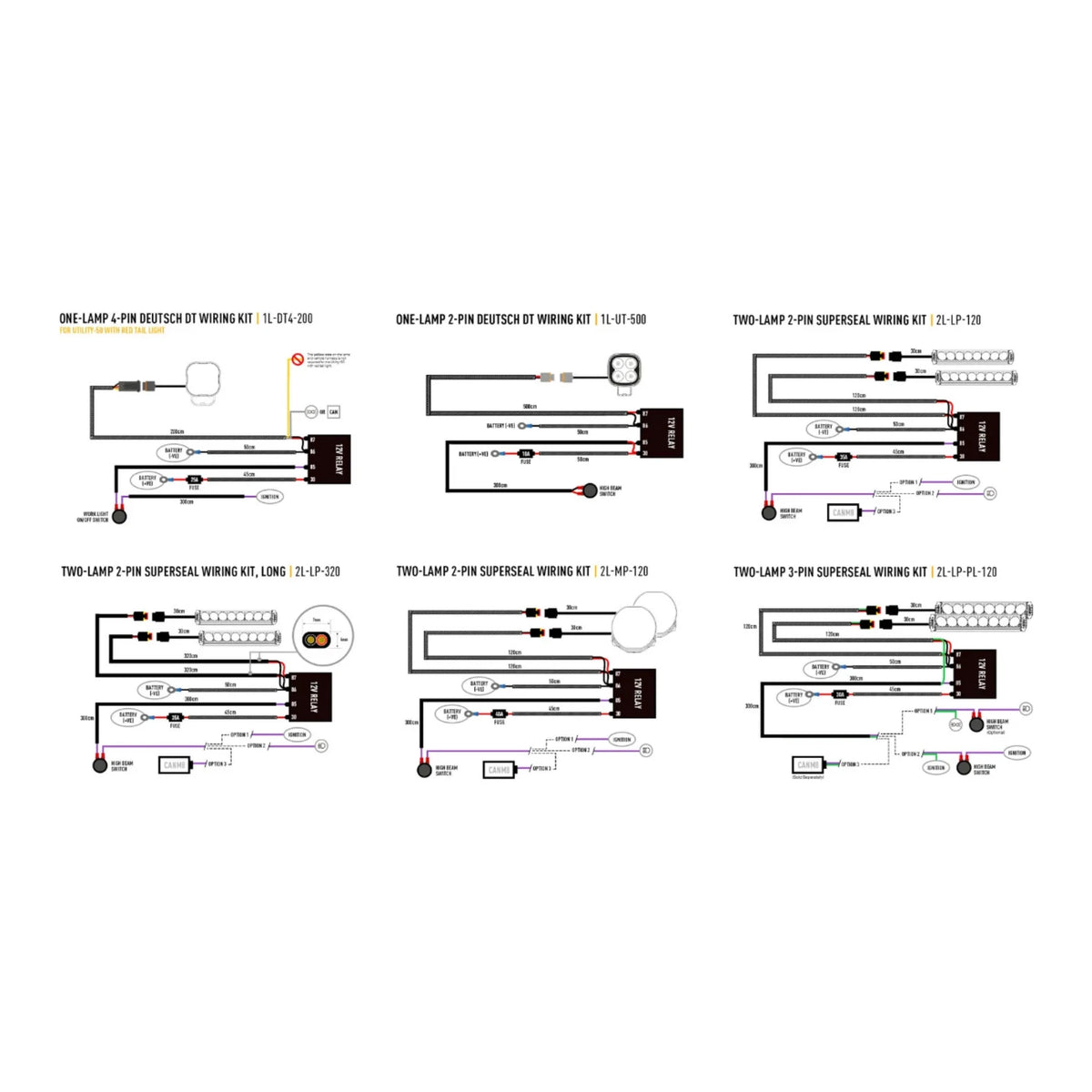 Wiring kit diagrams for automotive or electronic applications.