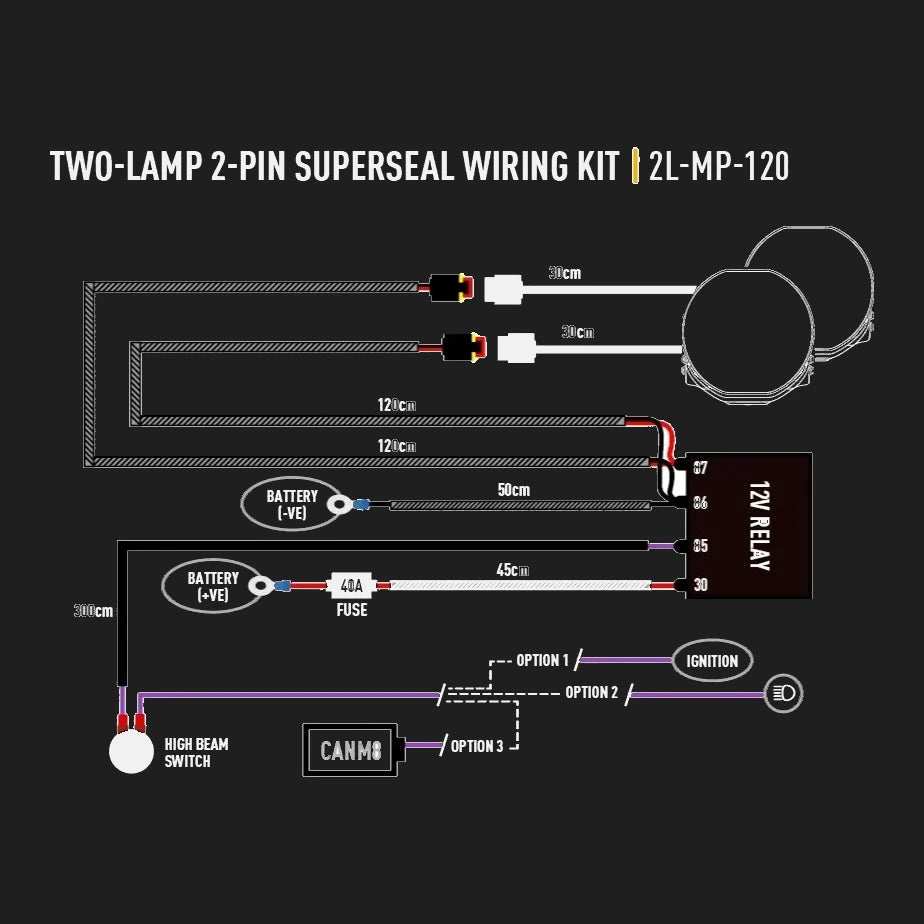Wiring diagram for a two-lamp 2-pin Superseal wiring kit