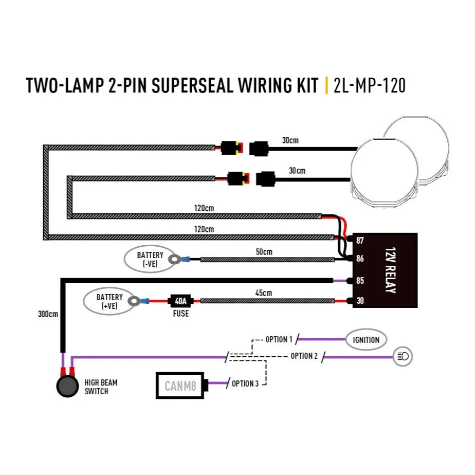 Wiring diagram for a two-lamp 2-pin Superseal wiring kit on a white background