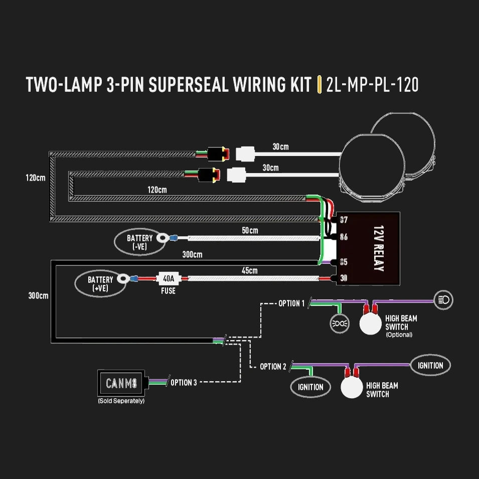 Wiring diagram for a two-lamp 3-pin Superseal wiring kit with labeled components and measurements.