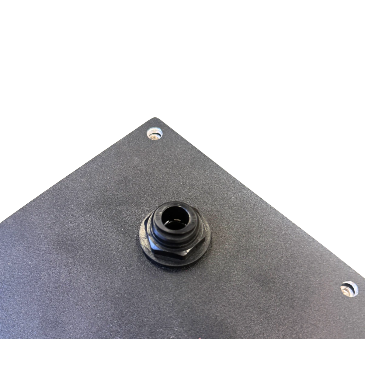 Close-up of the 12mm push-fit vent fitting mounted through the corner of the compartment lid, where the hose to the outside of the vehicle connects – Lithium Battery Compartment