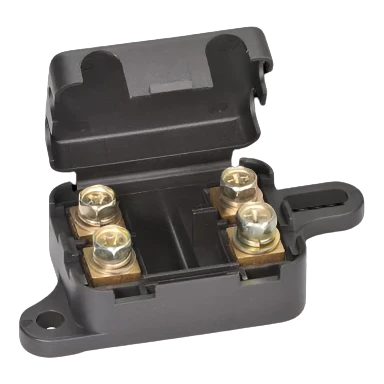 Twin MIDI fuse holder with shared bus bar input and hinged cover — bolt-down mount, M5 studs, 30A to 150A per position, 32V DC. For 12V and 24V caravan, 4WD, boat and dual-battery house circuits