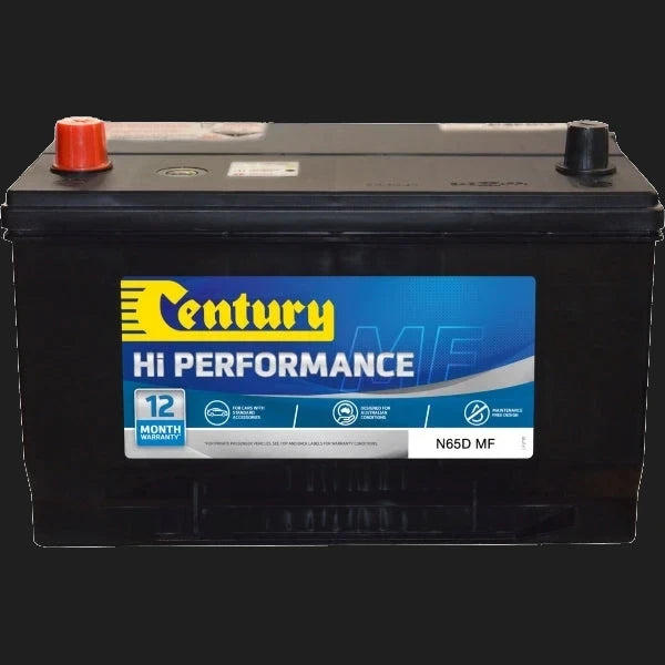 Century N65D MF Hi Performance Battery 750CCA 80Ah — angled view showing lid, STD terminals and SOC indicator