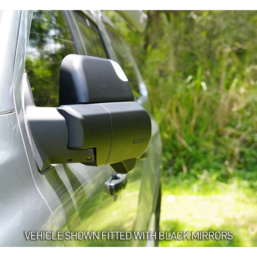 Car side mirror with black finish on a vehicle, outdoors – Navara D23 MSA POWER FOLD Towing Mirrors