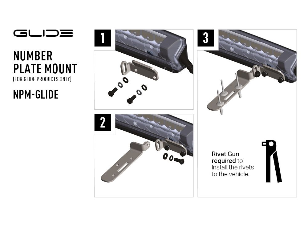 Glide number plate mount assembly with components and instructions on a white background