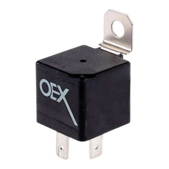 Sealed 12V mini relay in ISO 280 4-pin footprint, black weatherproof body with 6.3mm blade terminals on the bottom face, resistor-protected coil for ECU and canbus trigger circuits