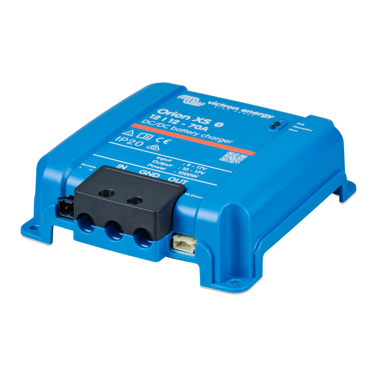 Victron Orion XS 12/12-70A DC-DC charger, left-side angle view
