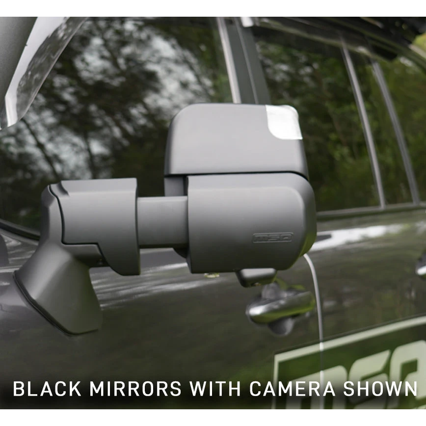 Car side mirror with camera attachment on a vehicle, with text indicating 'Black mirrors with camera shown'.