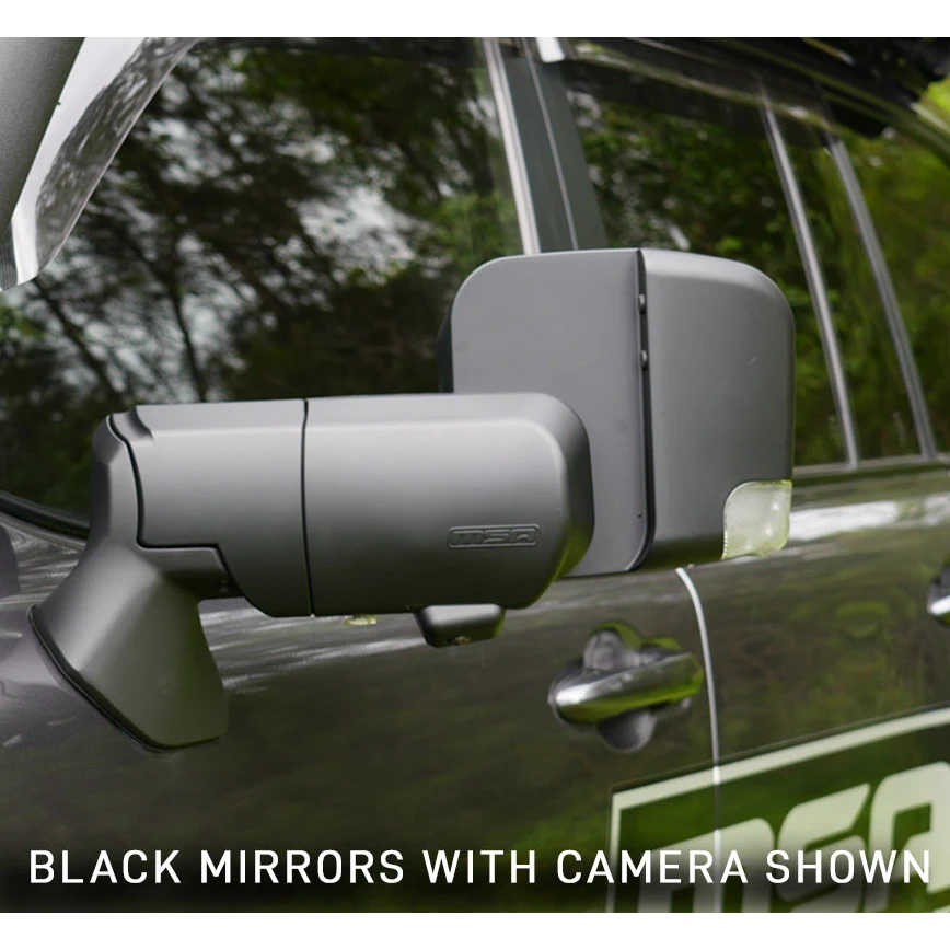 Car side mirror with built-in camera on a vehicle, with text indicating 'Black mirrors with camera shown'.
