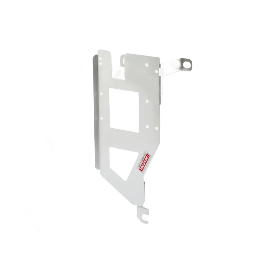 Tall white Redarc mounting bracket, a narrow plate with two cut-outs stacked one above the other, a folded side flange and an arm reaching out to a slotted mounting eye