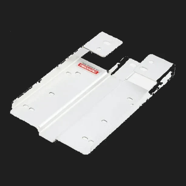 Two white Redarc mounting brackets shown together, a long flat plate with fixing holes along its length beside a matching plate with a raised mounting eye at one end