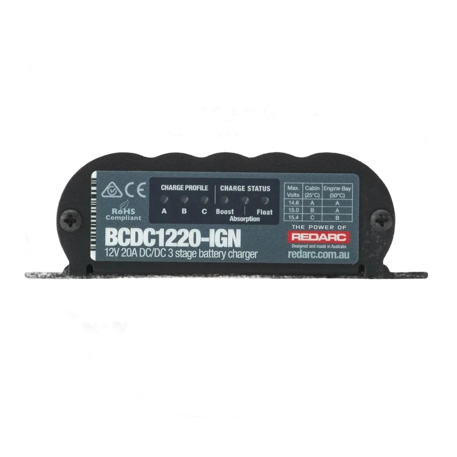 Redarc BCDC1220-IGN DC-DC charger side profile showing fanless potted construction for engine-bay mounting