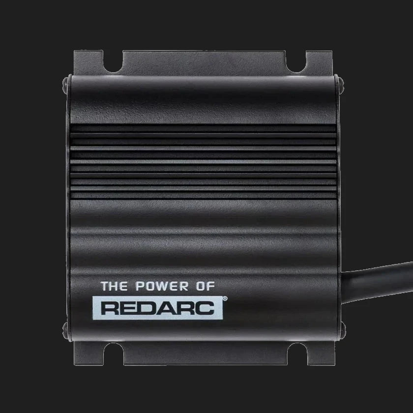 Redarc BCDC1220-IGN top view showing chemistry profile selector and ignition-switched input wiring terminals