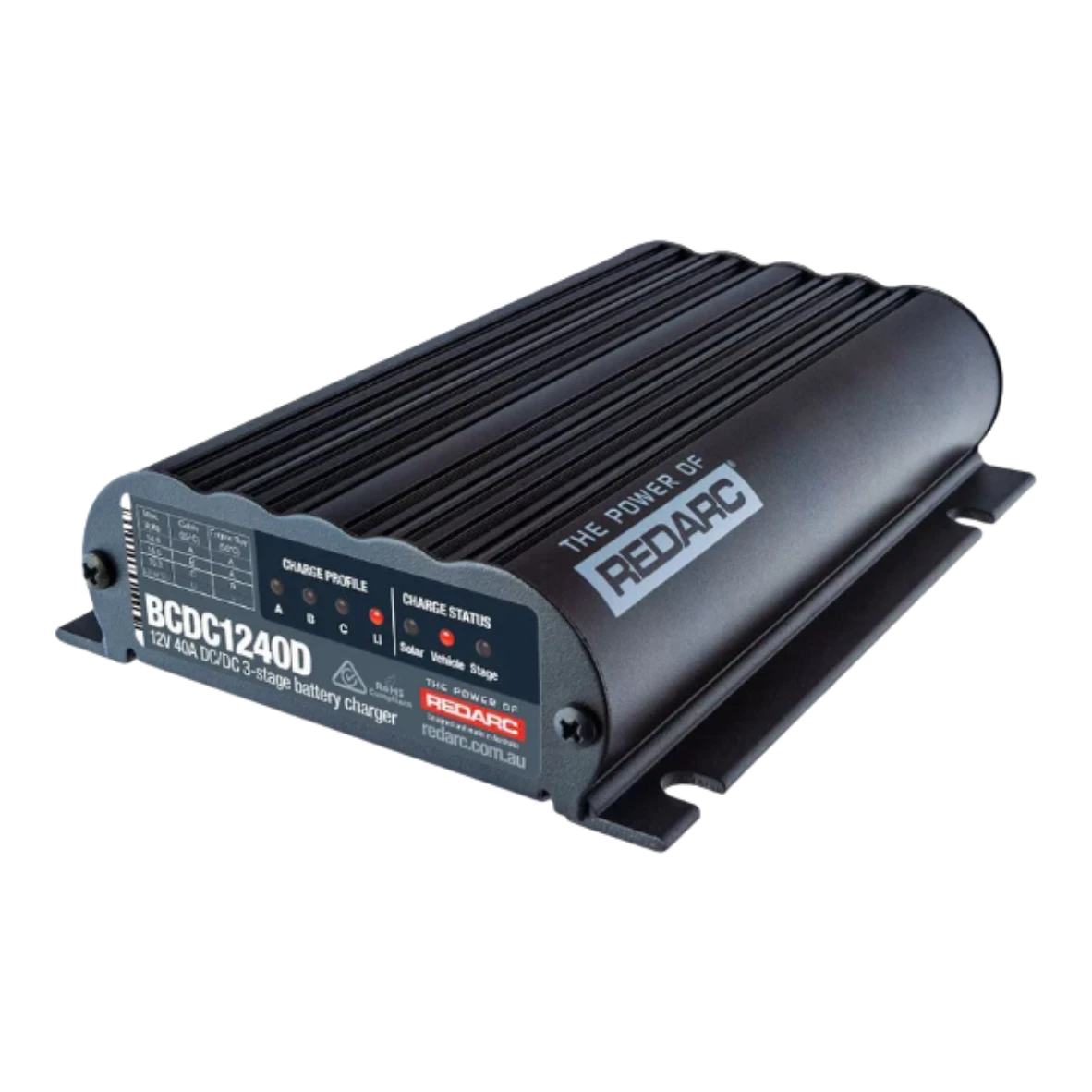 Redarc BCDC Classic40 40A DC-DC battery charger with built-in MPPT solar input, front view with Redarc branding