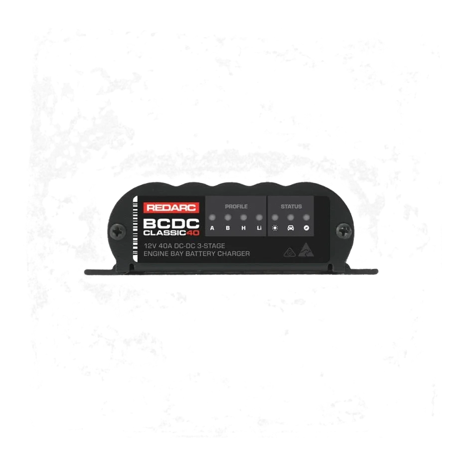 Redarc BCDC1240D terminal end panel showing bare-wire DC-DC input, solar input and 12V output connections