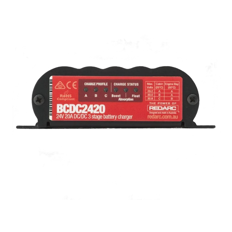Redarc BCDC2420 24V DC-DC charger showing bare-wire input, output and solar connection tails