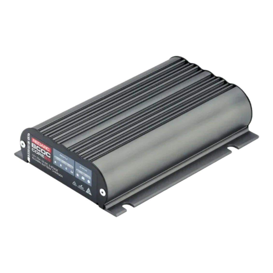 Redarc BCDC Core 25 BCDCN1225 25A in-cabin DC-DC charger with MPPT solar — front view showing branding and label