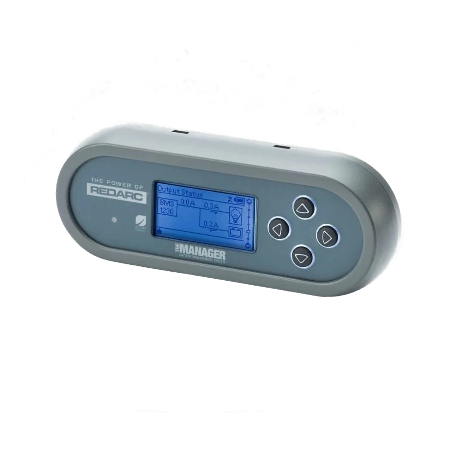 REDARC Manager30 battery monitor display showing the output status screen with charge current readings and navigation buttons