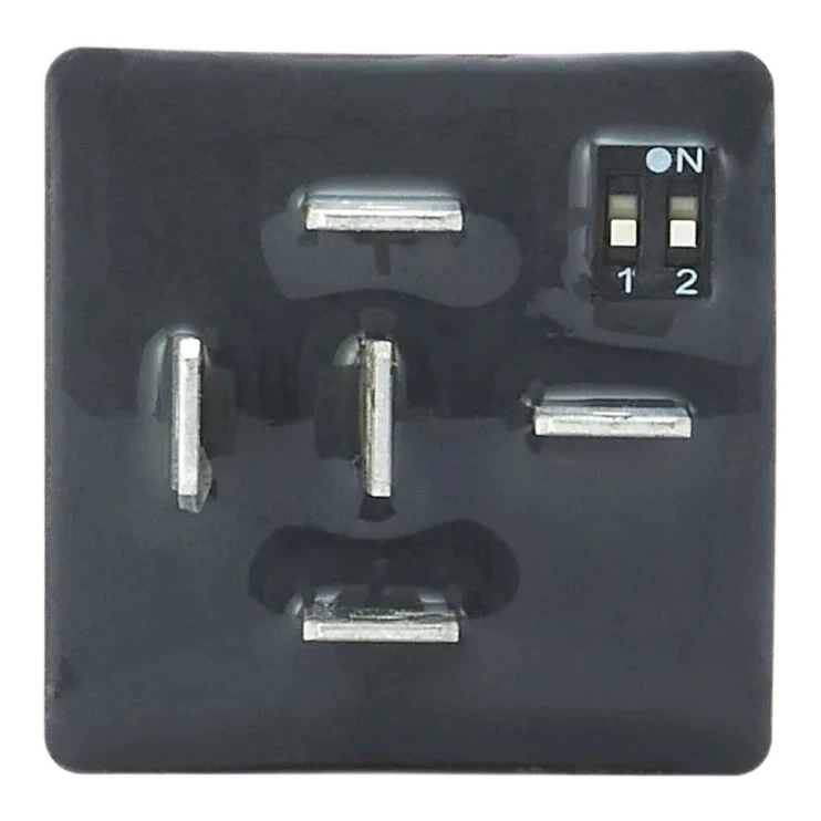 Pin side of the REDARC Multi Function Timer showing the five spade terminals and the DIP switch marked 1 and 2
