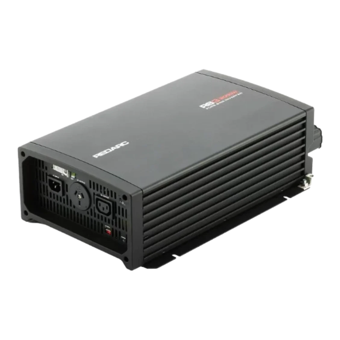 Redarc RS3 pure sine wave inverter seen from the front corner, the black finned case with the model name printed on the lid, the AC outlet and status panel at one end and the DC terminals at the other