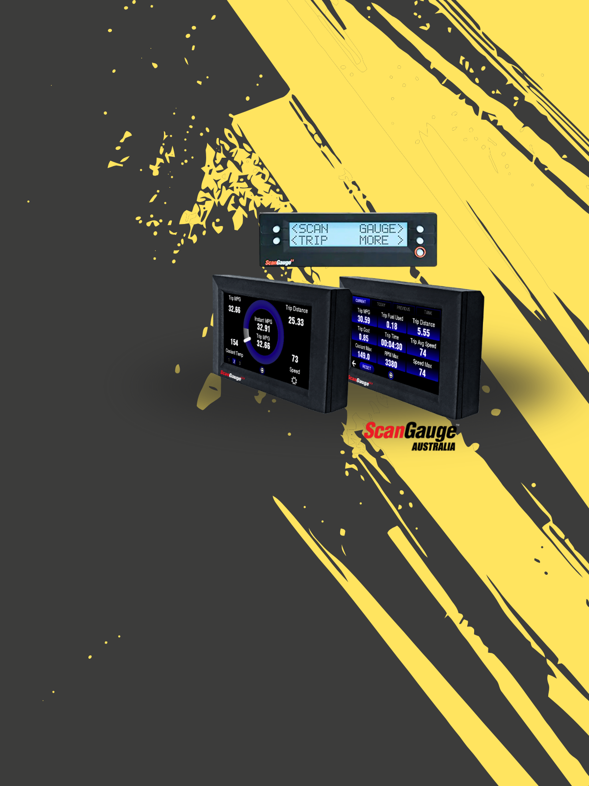Banner with black and yellow background showing scan gauge instruments
