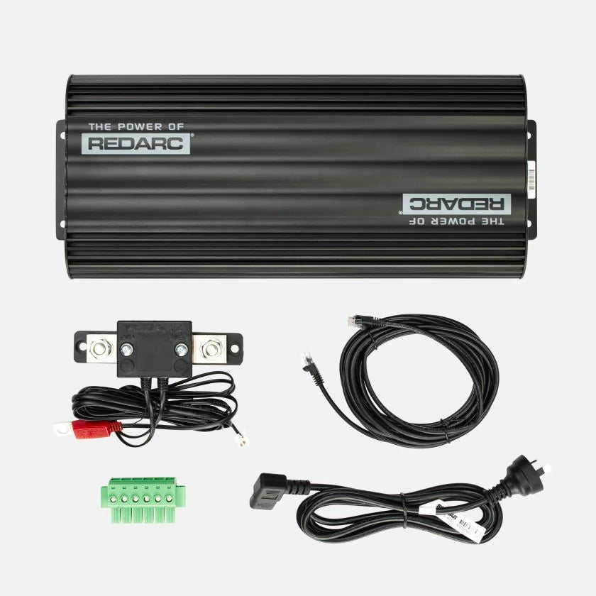 What is in the box with the REDARC Manager30: the main unit, battery sensor assembly with fuse holder, monitor comms cable, terminal block connector and 240V mains lead