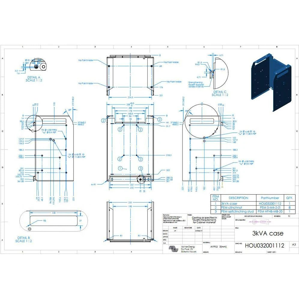 Victron engineering drawing for the 3 kVA enclosure, part number HOU032001112, with dimensioned front, side and top views in millimetres