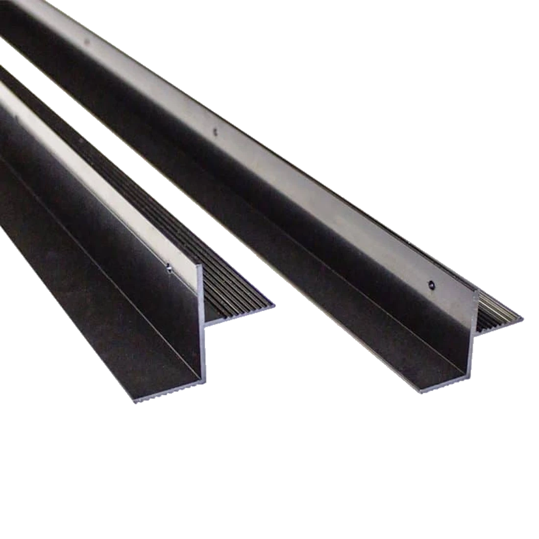 Pair of large profile solar panel mounting rails, 800mm anodised aluminium hollow extrusions with pre-drilled holes along their length, shown isolated on a plain background