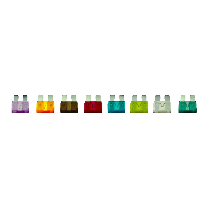 Standard blade fuses 3A to 30A in colour-coded ratings